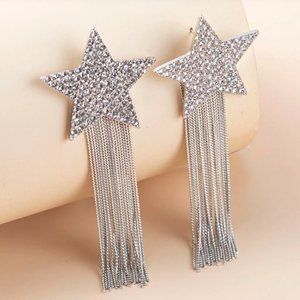 Silver Rhinestone Star Fringe Earrings